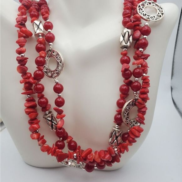 Multi strand red Coral beaded dinner‎ date night necklace bohemian boho - Picture 1 of 3